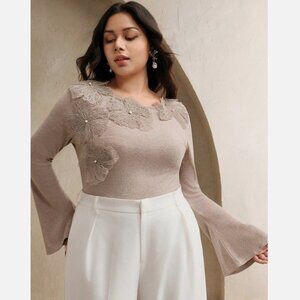 Anewsta Plus Size 14 1XL Khaki Solid 3D Flower Long Sleeve Blouse Top Shirt